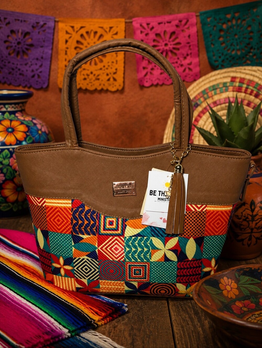 Beautiful handmade patchwork tote bag from Leon, Guanajuato, Mexico.